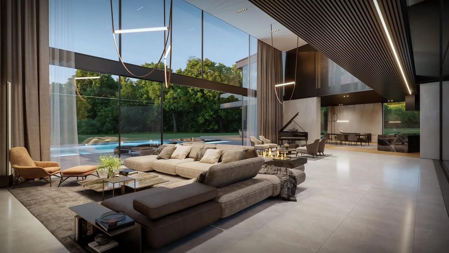 Concept: villa hall with timber ceiling and pool