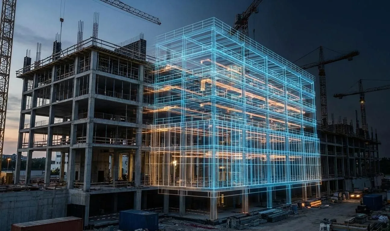 Building structure with its engineering systems highlighted