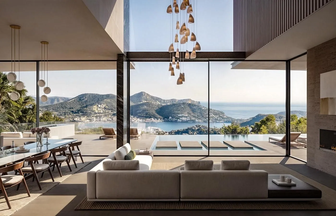 Concept: villa living room with full-height glazing and a pool terrace